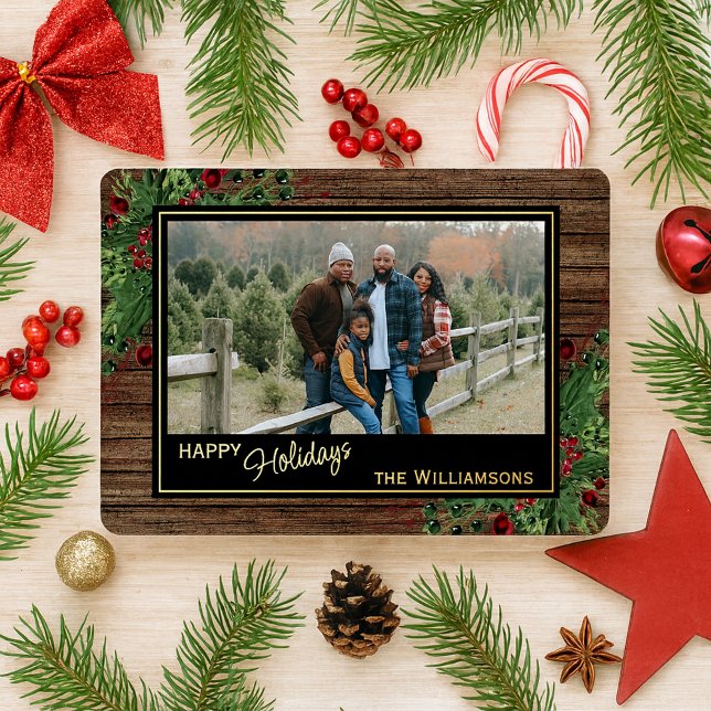 Red Berries Green Holly Botanical Foliage Gold Foil Holiday Card (Creator Uploaded)