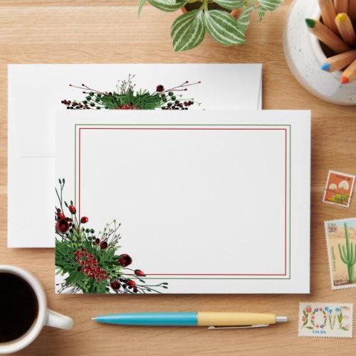 Red Berries Green Holly Botanical Foliage Holiday Envelope