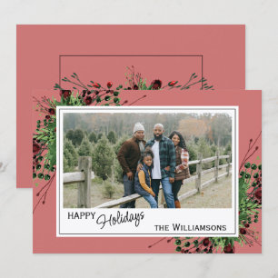 Red Berries Green Holly Botanical Foliage On Pink Holiday Card
