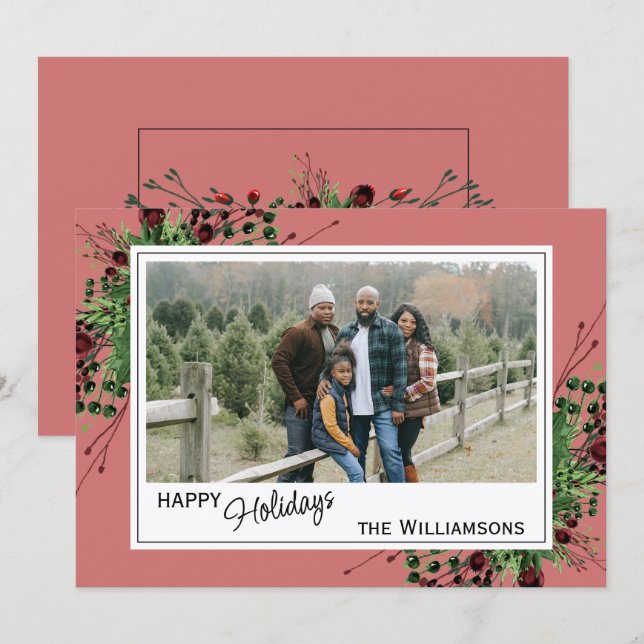 Red Berries Green Holly Botanical Foliage On Pink Holiday Card (Front/Back)