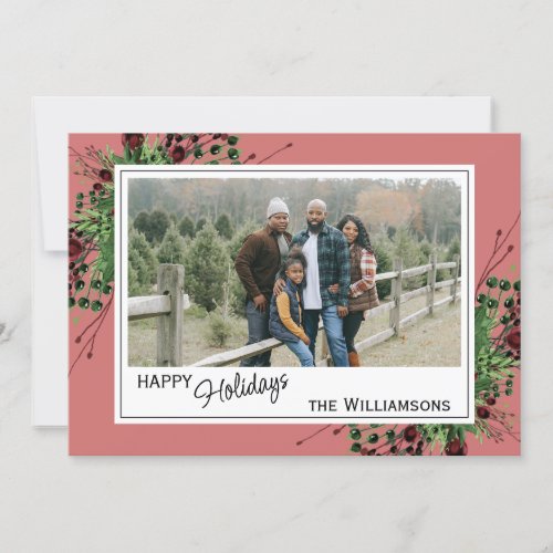 Red Berries Green Holly Cute Botanical Foliage Holiday Card