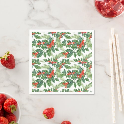 Red Berries Green Holly Floral Christmas Holiday Napkins