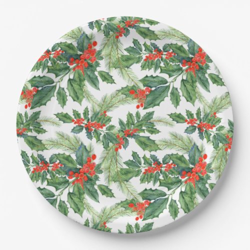 Red Berries Green Holly Floral Christmas Holiday Paper Plates