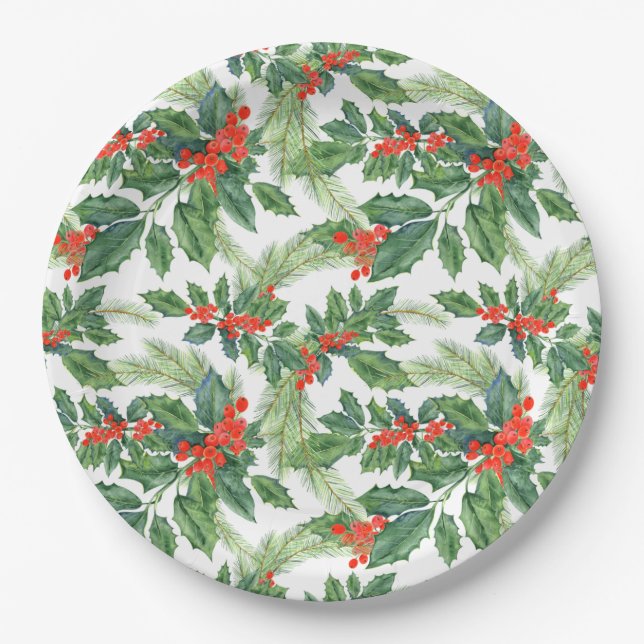 Red Berries Green Holly Floral Christmas Holiday Paper Plates (Front)