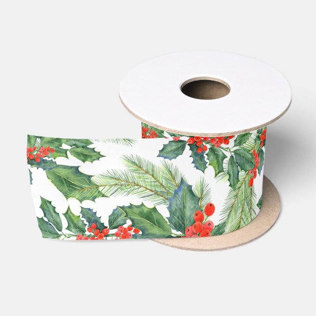 Red Berries Green Holly Floral Christmas Holiday  Satin Ribbon (Spool)