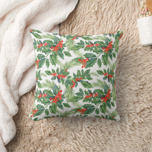 Red Berries Green Holly Floral Christmas Holiday  Throw Pillow (Blanket)