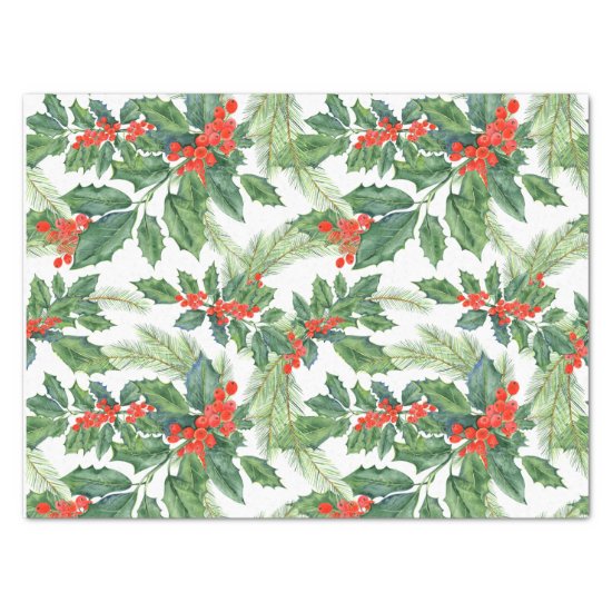Red Berries Green Holly Floral Christmas Holiday Tissue Paper