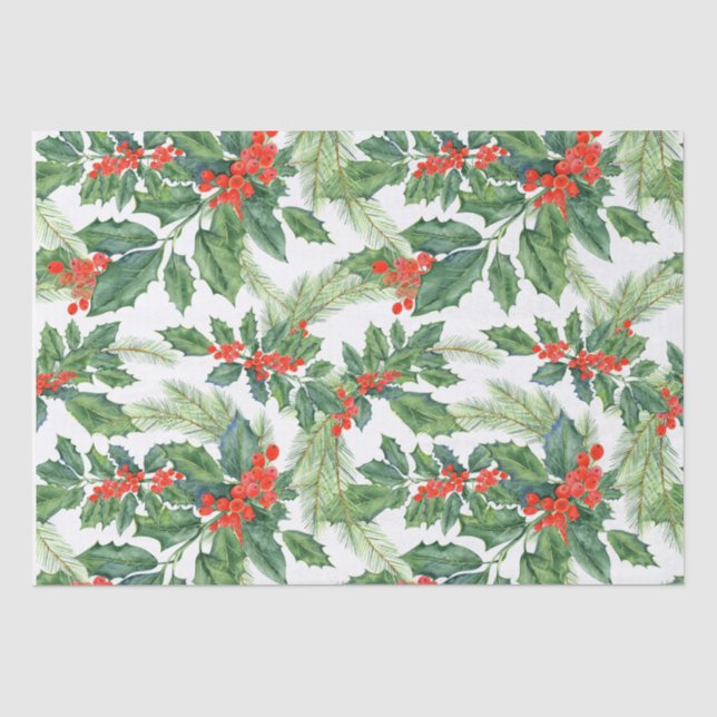 Red Berries Green Holly Floral Christmas Holiday Tissue Paper (Front)