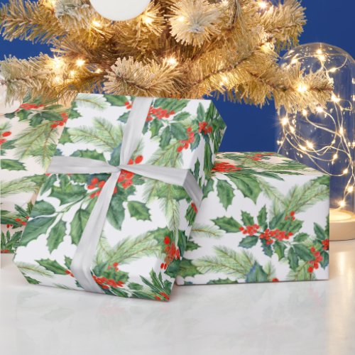 Red Berries Green Holly Floral Christmas Holiday  Wrapping Paper