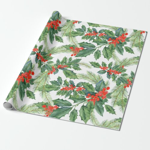 Red Berries Green Holly Floral Christmas Holiday Wrapping Paper