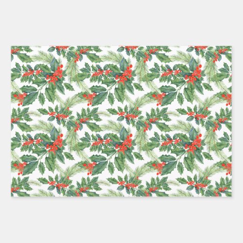 Red Berries Green Holly Floral Christmas Holiday  Wrapping Paper Sheets