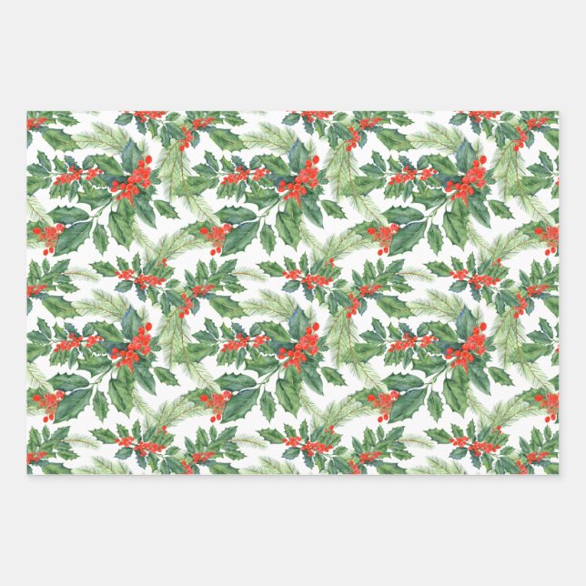 Red Berries Green Holly Floral Christmas Holiday  Wrapping Paper Sheets (Front)