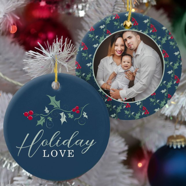 Red berries green holly on blue Christmas photo Ceramic Ornament (Creator Uploaded)