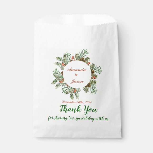 Red Berries Green Leaves Christmas Wedding Party Favor Bag (Front)