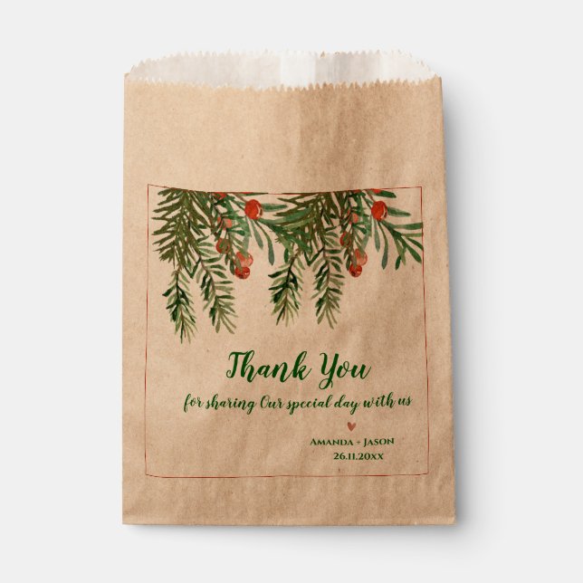 Red Berries Green Leaves Christmas Wedding Party Favor Bag (Front)