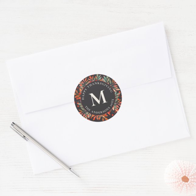 Red Berries & Green Leaves Monogram Dark Classic Round Sticker (Envelope)