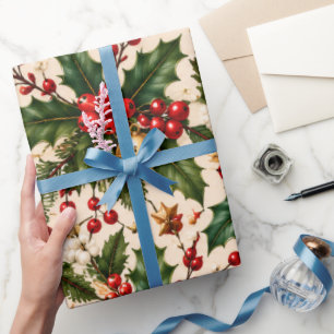 Red Berries, Green Leaves & Pinecones Pattern Wrapping Paper