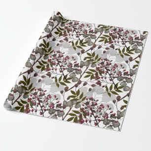Red Berries Green Leaves White Coin Flowers Wrapping Paper