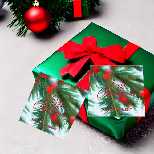 Red Berries Green Pines Merry Christmas Favor Tags