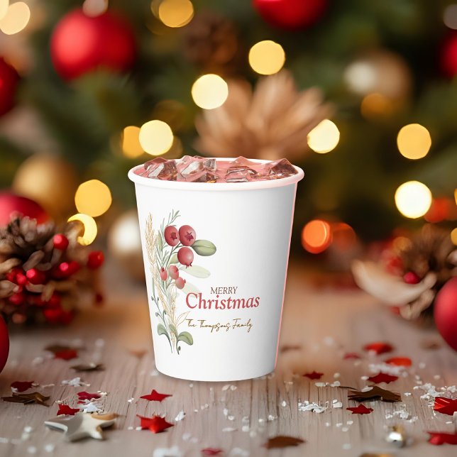 Red Berries Greenery Botanical Christmas Party Paper Cups (Creator Uploaded)