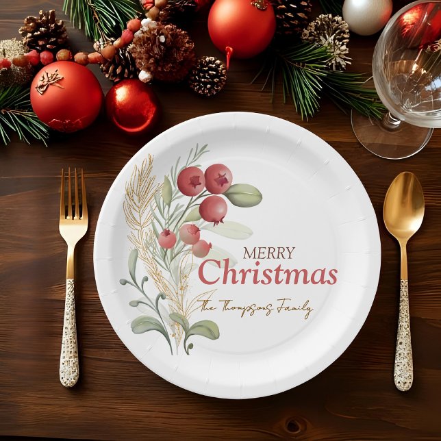 Red Berries Greenery Botanical Christmas Party Paper Plates (Creator Uploaded)