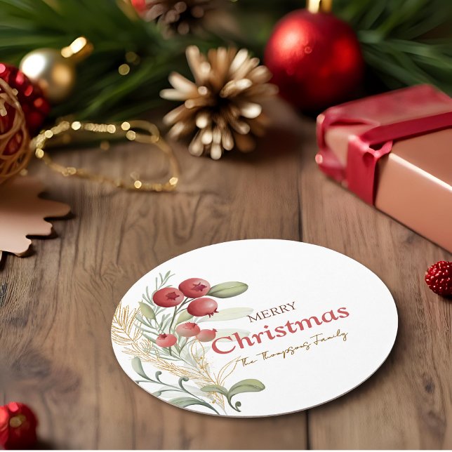 Red Berries Greenery Botanical Christmas Party Round Paper Coaster (Creator Uploaded)