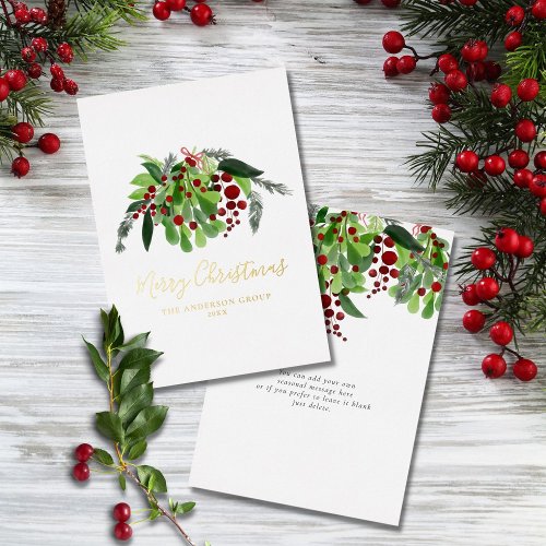 Red Berries Greenery Business Christmas Gold Foil Holiday Card