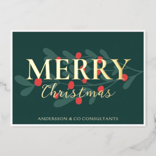 Red Berries Greenery Business Logo Merry Christmas Foil Holiday Card