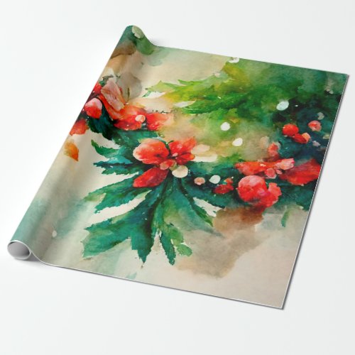 Red Berries Greenery Christmas Floral Watercolor Wrapping Paper
