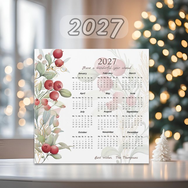 Red Berries Greenery Elegant 2027 Calendar Card (Creator Uploaded)