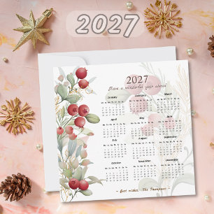 Red Berries Greenery Elegant 2027 Calendar Holiday Card