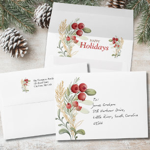 Red Berries Greenery Elegant Holiday Envelope