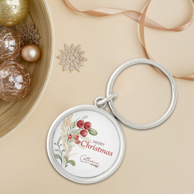 Red Berries Greenery Elegant Name Christmas Keychain (Creator Uploaded)
