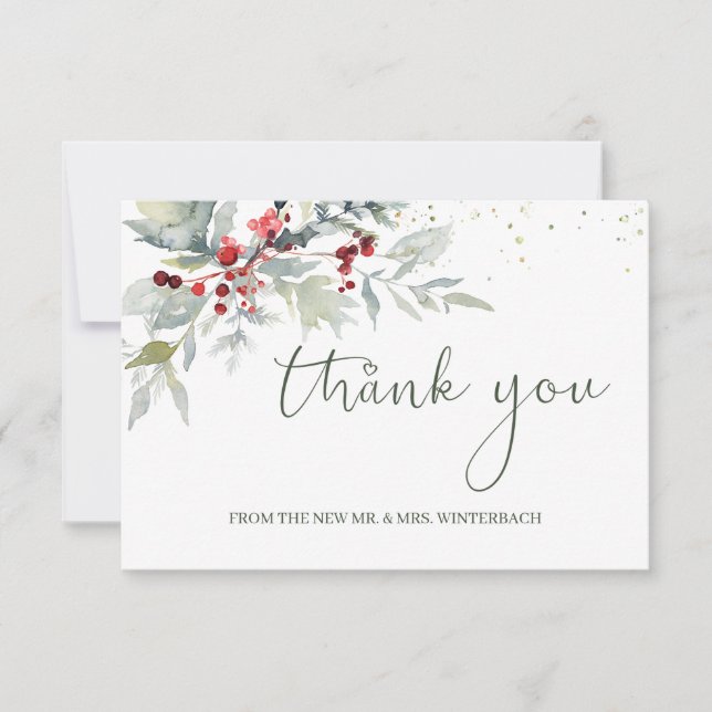 Red Berries Greenery Foliage Wedding Thank You Card (Front)