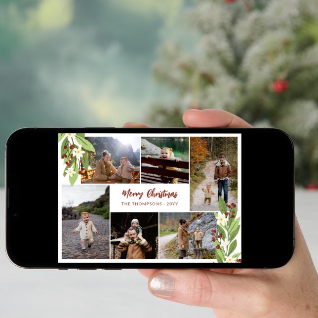 Red Berries Greenery Photo Collage Merry Christmas Holiday Card (Front Digital)