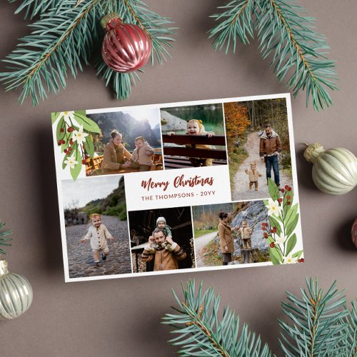 Red Berries Greenery Photo Collage Merry Christmas Holiday Card