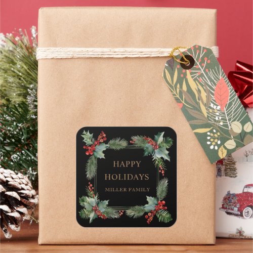 Red Berries Happy Holidays Monogram Square Sticker