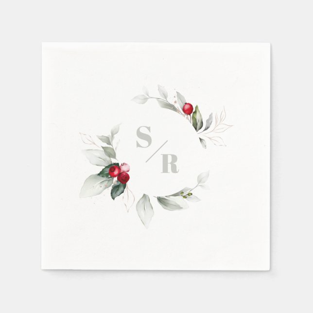 Red Berries Holiday Cheer His & Her Monogram Napkins (Front)
