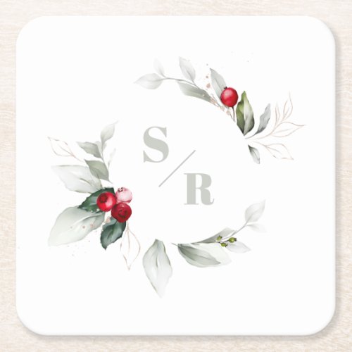 Red Berries Holiday Cheer His  Her Monogram Square Paper Coaster