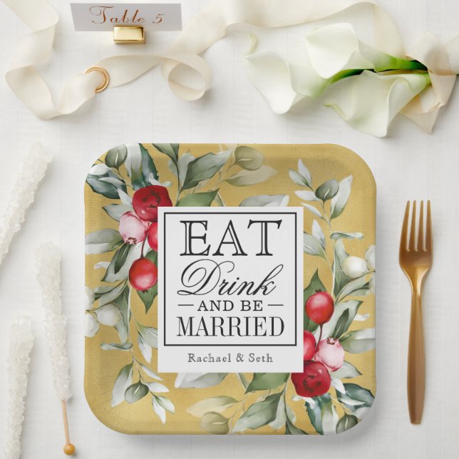 Red Berries Holiday Eat Drink and Be Married Paper Plates (Wedding)