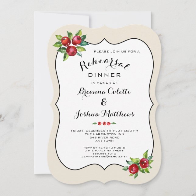 Red Berries Holiday Rehearsal Dinner Invitation (Front)