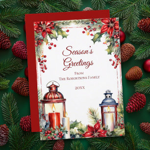 Red Berries, Holly & Candles Christmas Card