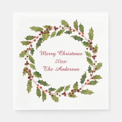 Red Berries Holly Leaves Merry Christmas Napkins