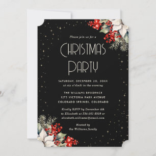 Red Berries Holly Poinsettia Stars Christmas Party Invitation