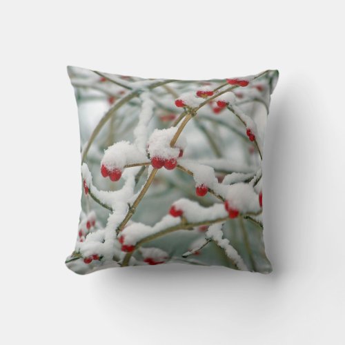 Red Berries in the Snow winter scene Throw Pillow