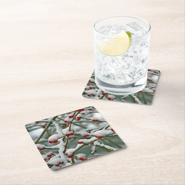 Red Berries in Winter Snow Square Paper Coaster (Insitu)