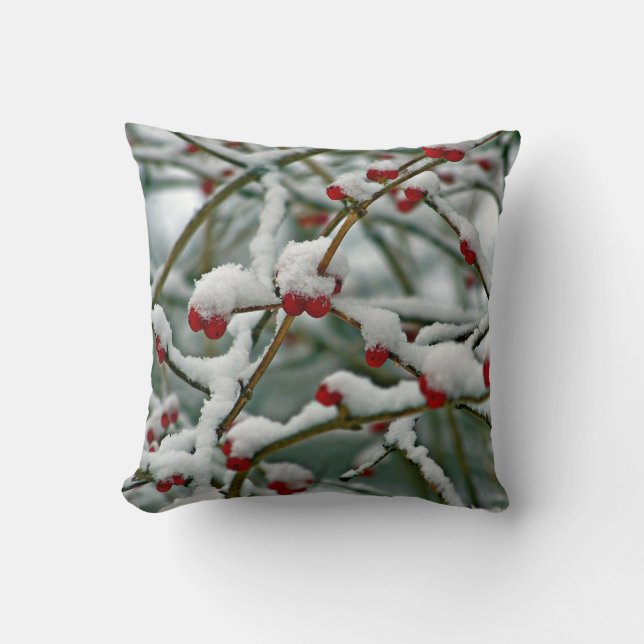 Red Berries in Winter Snow Throw Pillow (Front)
