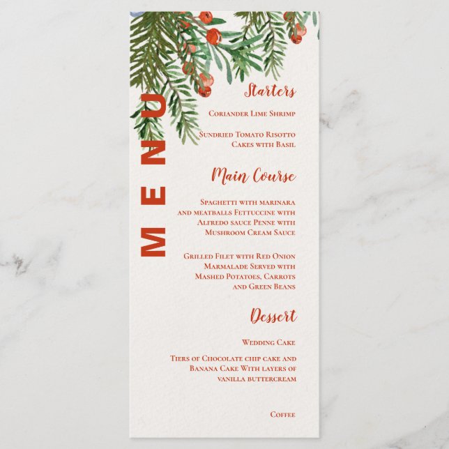 Red Berries Leaves Festive Christmas Wedding Party Menu (Front)