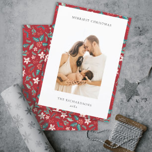 Red Berries Merry Christmas Floral Pattern Photo Holiday Card