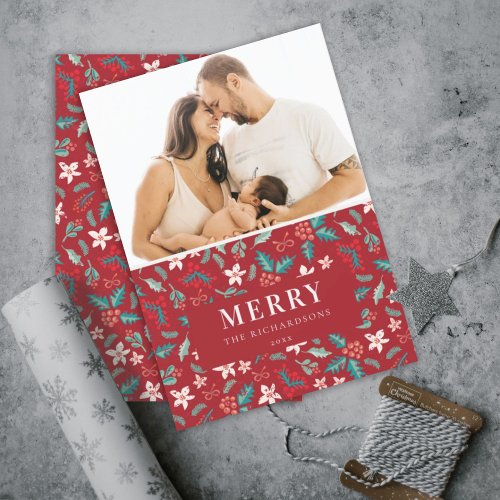 Red Berries Merry Christmas Floral Pattern Photo Holiday Card